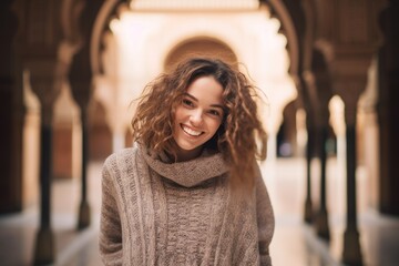 Lifestyle portrait photography of a joyful girl in her 20s wearing a warm wool sweater at the alhambra in granada spain. With generative AI technology