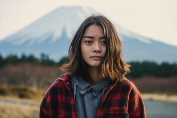 Medium shot portrait photography of a glad girl in her 20s wearing a comfy flannel shirt near the mount fuji in honshu island japan. With generative AI technology