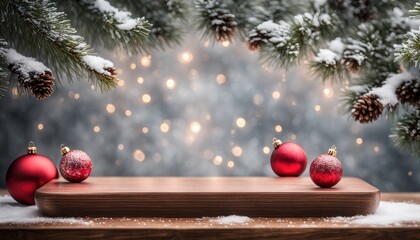 Empty Blank Wooden Podium Stand Platform Snow Winter Wonderland Xmas Decoration Background View Bokeh Backdrop Concept Mockup Template Product Demonstration Presentation Advertisement Commercial Sale 