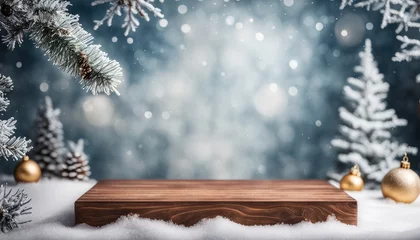 Tuinposter Empty Blank Wooden Podium Stand Platform Snow Winter Wonderland Xmas Decoration Background View Bokeh Backdrop Concept Mockup Template Product Demonstration Presentation Advertisement Commercial Sale  © Patrycja