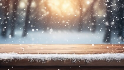 Empty Blank Wooden Table Top Podium Stand Platform Falling Snow Winter Wonderland Background View Bokeh Light Sunlight Glow Backdrop Concept Mockup Product Demonstration Presentation Advertisement