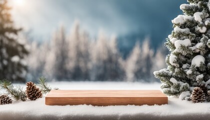 Empty Blank Light Brown Wooden Podium Stand Platform Snow Winter Wonderland Day Background View Backdrop Xmas Concept Mockup Template Product Demonstration Presentation Advertisement Commercial Sale  - obrazy, fototapety, plakaty