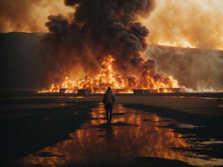 Man walking towards huge fire, man staring at huge fire, wildfire black smoke
