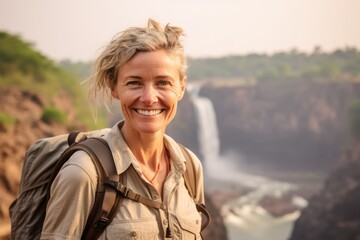 Environmental portrait photography of a joyful mature woman wearing an intricate lace top at the victoria falls in livingstone zambia. With generative AI technology - obrazy, fototapety, plakaty