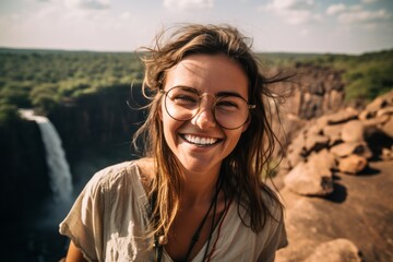 Close-up portrait photography of a cheerful girl in his 30s wearing a sparkling brooch at the victoria falls in livingstone zambia. With generative AI technology - obrazy, fototapety, plakaty
