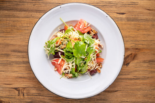 Flat lay of salad plate. Gourmet salad. healthy food concept.
