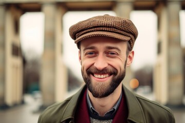 Close-up portrait photography of a satisfied boy in his 30s wearing a stylish beret in front of the brandenburg gate in berlin germany. With generative AI technology - obrazy, fototapety, plakaty