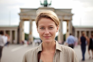 Environmental portrait photography of a blissful girl in her 30s wearing a simple cotton shirt in front of the brandenburg gate in berlin germany. With generative AI technology - obrazy, fototapety, plakaty