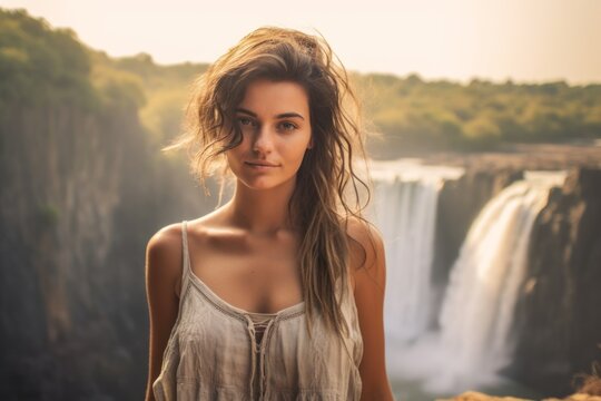 Medium shot portrait photography of a blissful girl in his 30s wearing a trendy off-shoulder blouse at the victoria falls in livingstone zambia. With generative AI technology