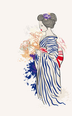 kimono girl woman japanese chinese traditional vector illustration card background colorful watercolor ink textured