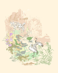 crane birds japanese chinese traditional vector illustration card background colorful watercolor ink textured