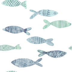 Hand drawn seamless pattern with cartoon fish. Watercolor illustration on white. Perfect for design templates, wallpaper, wrapping, fabric and textile. - 643747822