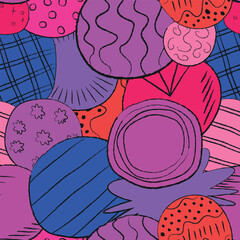 abstract graphic grunge linear round circle seamless pattern, crooked figures patchwork quilt style purple, red and blue background 