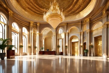 Obraz premium Step into a world of unparalleled luxury as you behold this breath-taking super realistic 3D of a luxury hotel reception lobby