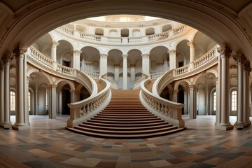 Equirectangular projection of a panoramic, column-filled hall with a staircase and panoramic windows. Generative AI