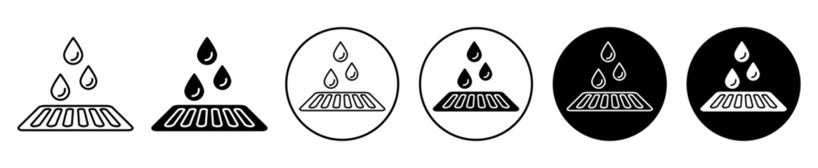 Drain icon set. sewer rain water drainage vector symbol in black filled and outlined style. - obrazy, fototapety, plakaty