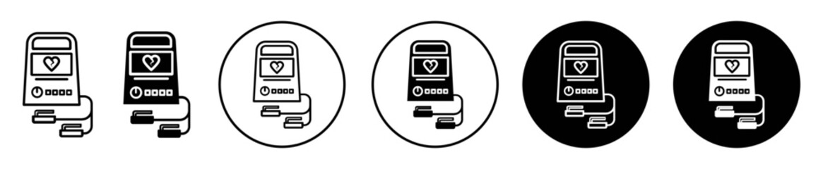 Defibrillator icon set. portabl medical external cpr aed device vector symbol in black filled and outlined style. - obrazy, fototapety, plakaty