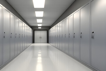 An empty school hallway with lockers lining the walls ai generated