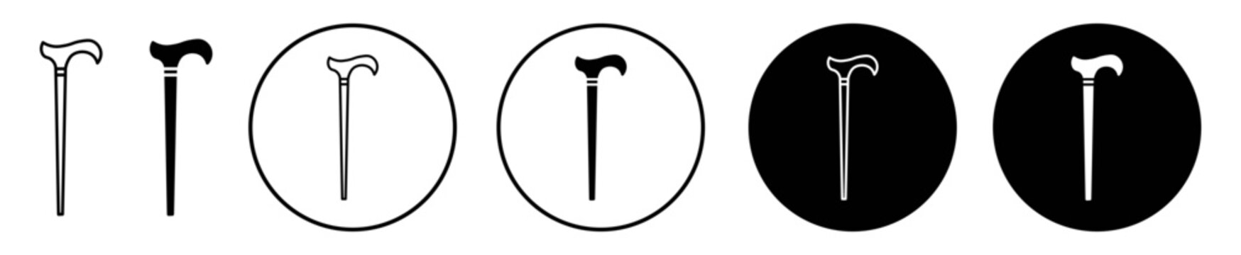 Walking stick icon set. old people walk stick vector symbol in black filled and outlined style.