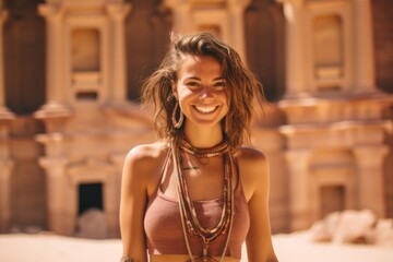 Lifestyle portrait photography of a cheerful girl in her 30s wearing a bold body chain at the petra in maan jordan. With generative AI technology
