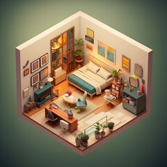 Isometric perspective 3D render of a living room in Pixar style, with a solid background.