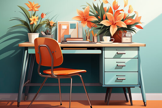 Vintage Living Room Illustration Of A Desk Drawing In Cartoon Style. Plant, House Plant, Vase Of Flowers, Pastel Color Bookshelf.