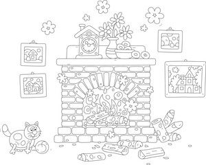 Old bricky fireplace with burning firewood, pretty country pictures, a toy clock and a flower vase on a mantelpiece, a funny cat playing with a wool ball, black and white vector cartoon illustration