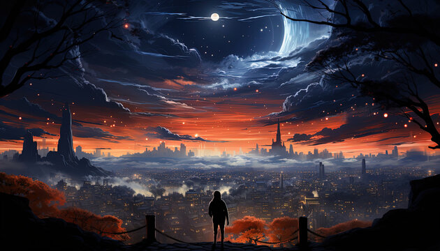 A boy silhouetted against the wonderful sky, cityscape, and mountain view. Night city buildings and starry sky with Milky Way clouds. Painting of the Moon