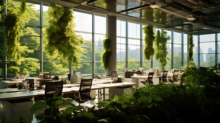 Fototapeta premium Sustainable Office Architecture: Moss Walls and Cascading Water Feature generative art