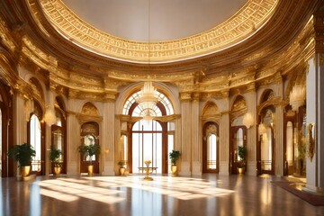 Obraz premium Step into a world of unparalleled luxury as you behold this breath-taking super realistic 3D of a luxury hotel reception lobby