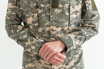 Closeup Shot Of Hands Of Unrecognizable Soldier In Camouflage Army Uniform, Military man