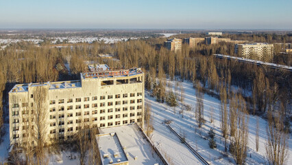 Aerial winter view of hotel building in abandoned city Pripyat.