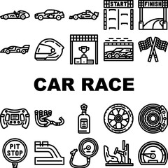 car speed auto race icons set vector. sport drive, road vehicle, automobile fast, automotive blue, motion car speed auto race black contour illustrations