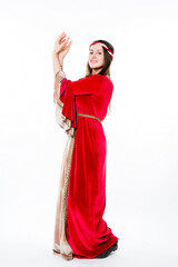 Woman in red Renaissance Costume. Fairy Velvet Irish Dress