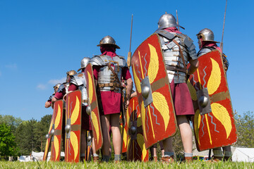 Roman legionnaires in full armor arranged in formation