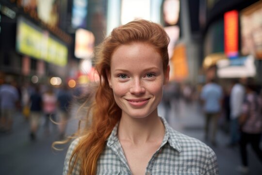 Medium shot portrait photography of a blissful girl in her 30s wearing a simple cotton shirt at the times square in new york usa. With generative AI technology