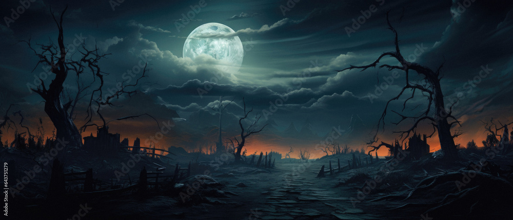 Wall mural Happy Halloween spooky scary moon night scene horror landscape background. Creepy dark forest woods trees, moon and Happy Haloween ghosts gothic mysterious sky moonlight gloomy scenery backdrop.