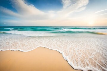 Fototapeta na wymiar summer beach with sand sea side and seascape view , blue sky with clouds