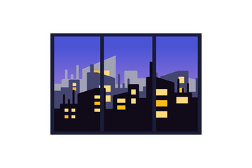 Modern Night city building landscape window. Flat vector design illustration isolated on white background.