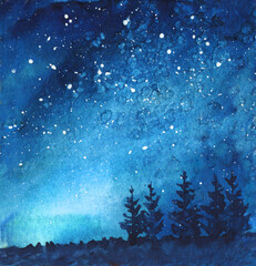 Watercolor landscape with night sky, light, snow, spruce trees, stars