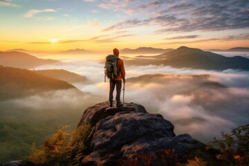 Obraz premium Hiker stands at the summit of a difficult mountain climb to be greeted with a beautiful view of the sunrise.Created with generative A