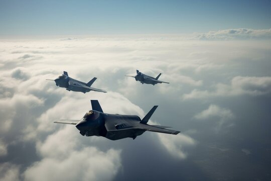 Three F-35 jets fly in close formation above clouds in a 3D representation. Generative AI
