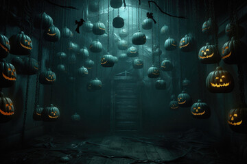 Halloween spooky background, scary pumpkins with smoke in old big creepy Happy Haloween ghosts horror house inside big empty foggy room. Creepy october dark smoky mysterious night backdrop concept.