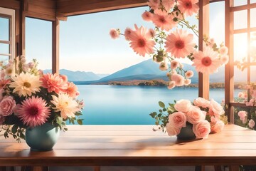 The blurred lake and mountain view backdrop accentuates the floral centerpiece. for product display