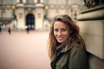 Photography in the style of pensive portraiture of a happy girl in her 40s wearing a rugged denim jacket at the buckingham palace in london england. With generative AI technology - obrazy, fototapety, plakaty