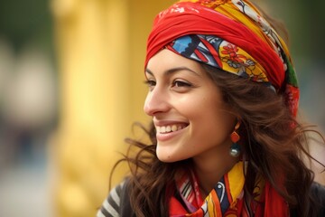 Close-up portrait photography of a satisfied girl in her 30s wearing a colorful bandana at the buckingham palace in london england. With generative AI technology - obrazy, fototapety, plakaty