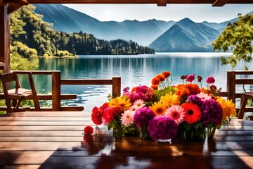 The blurred lake and mountain view backdrop accentuates the floral centerpiece. for product display