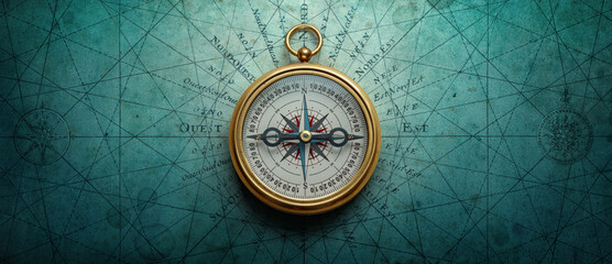 Magnetic old compass on world map. Travel, geography, history, navigation, tourism and exploration concept background. Retro compass on geography map.