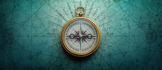 Cercles muraux Europe du nord Magnetic old compass on world map. Travel, geography, history, navigation, tourism and exploration concept background. Retro compass on geography map.