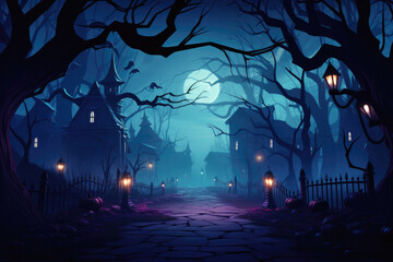 Halloween spooky background, scary jack o lantern pumpkins in creepy dark forest with bats, spooky trees, moon and old house Happy Haloween ghosts horror gothic mysterious night moonlight backdrop.